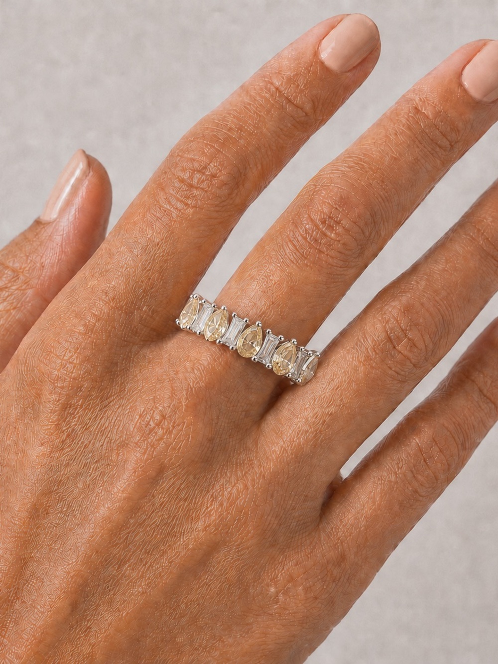 Champagne Pear & Clear Baguette CZ Full Eternity Band Statement Ring
